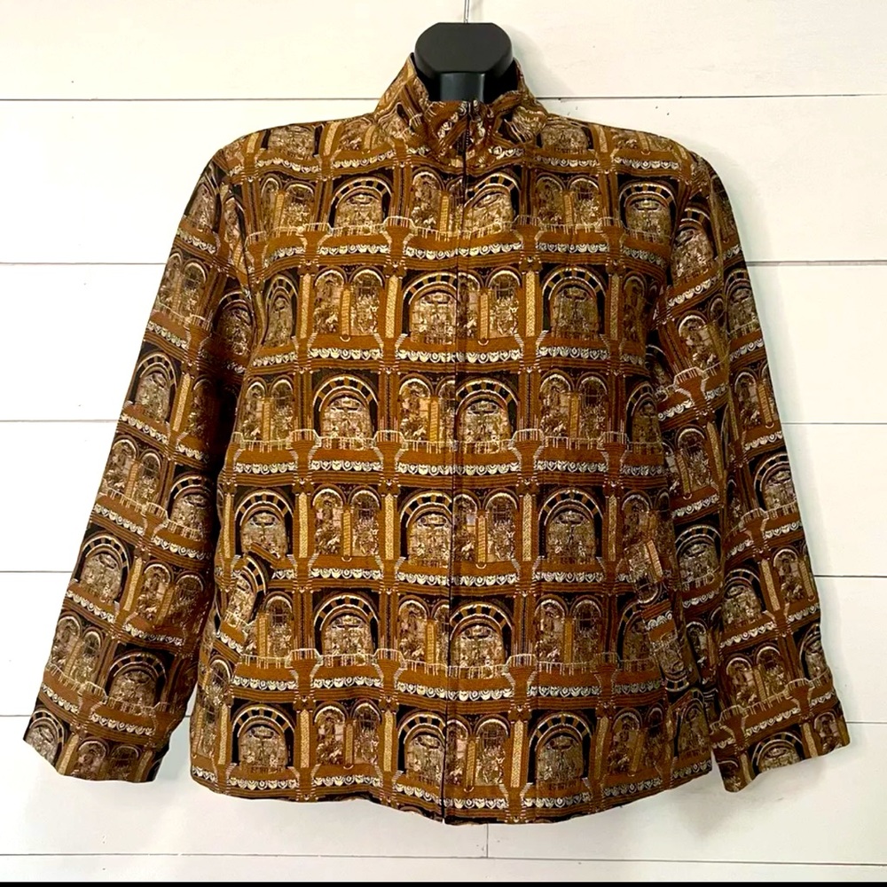 Womens Chicos Jacket Medium 12 Brown Gold Black Silk Blend Zip Front Pockets